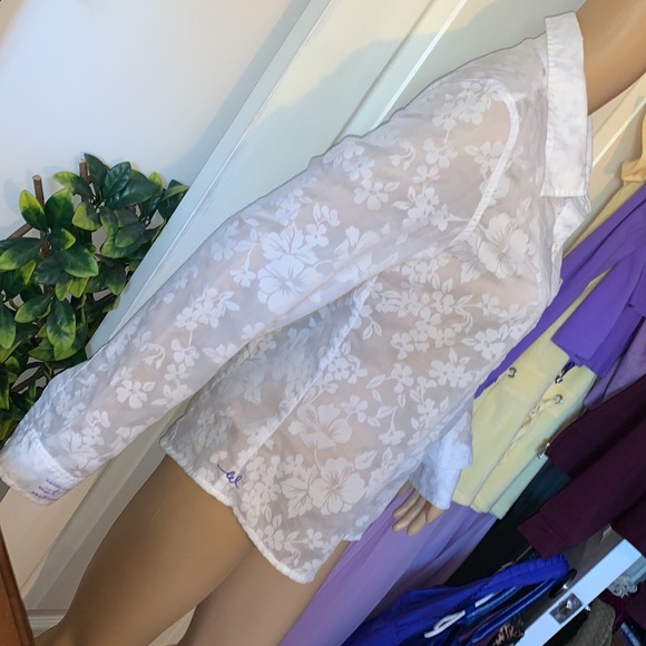 Vintage West Beach sheer white hibiscus flower button down shirt blouse top M - Picture 8 of 15